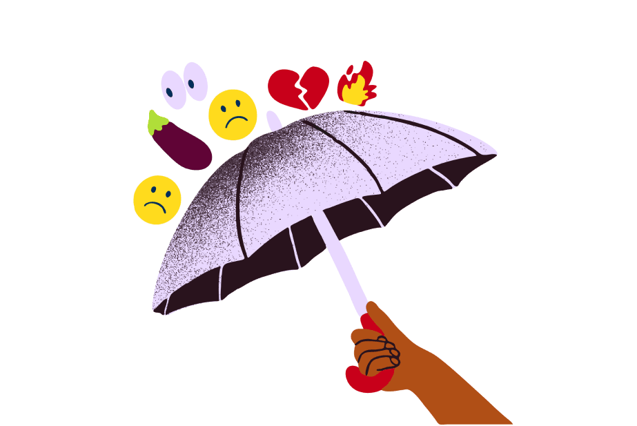 Ilustração de um guarda-chuva aberto protegendo de emojis negativos