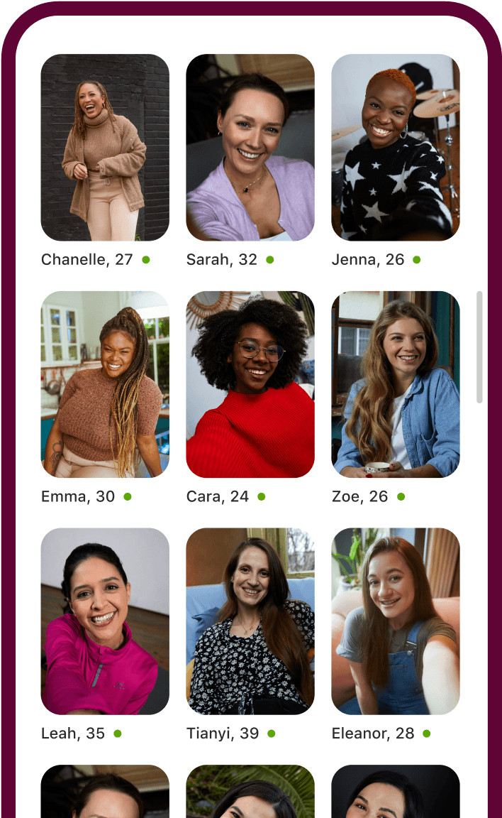 Badoo-appen med ett rutnät bestående av olika kvinnors profiler.